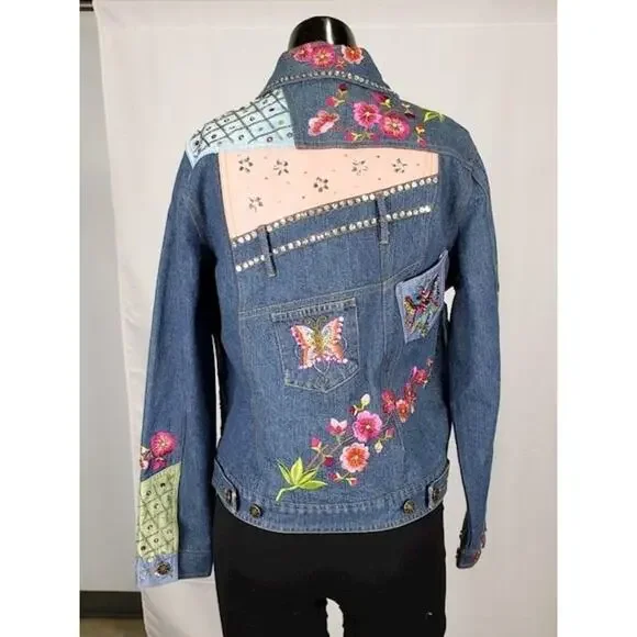 Vintage Berek2 Floral Butterfly Embroidered Sequin Beaded Jean Jacket - Picture 6 of 8